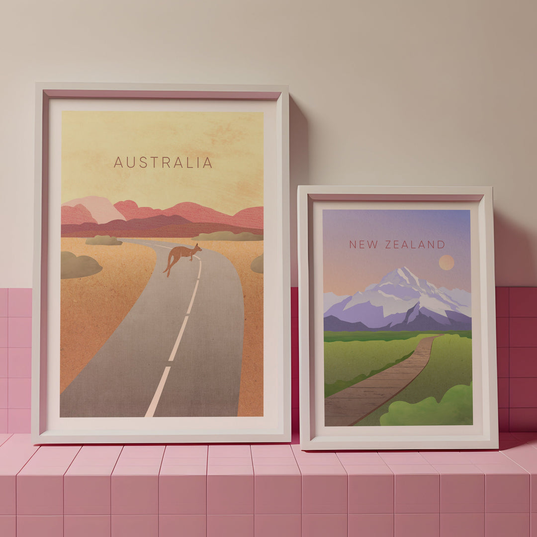 Australasia travel posters. Australia and New Zealand travel posters featuring National Parks, Hiking Trails and Ski Resorts. Available professionally framed.