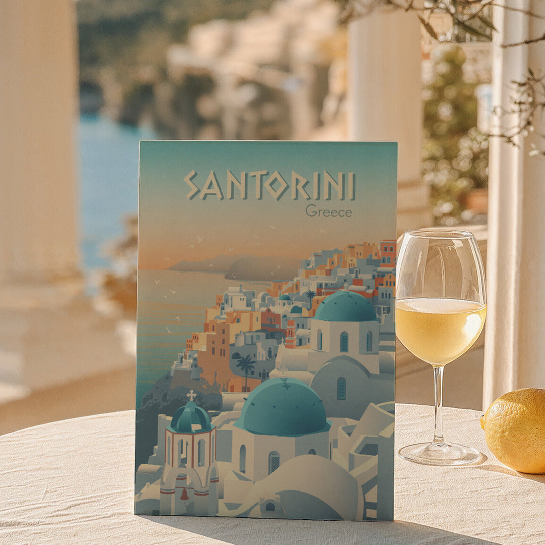 Greece travel posters showcasing the best of the Greek Islands, from Santorini’s sunsets to the white-sand beaches of Mykonos.