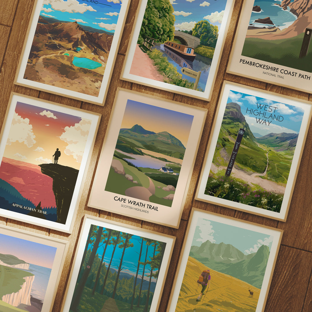 Hiking trail posters featuring trails from around the world. Original travel prints available framed.