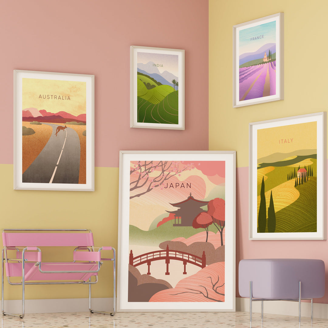 Minimalist Travel Posters displayed on a gallery wall.