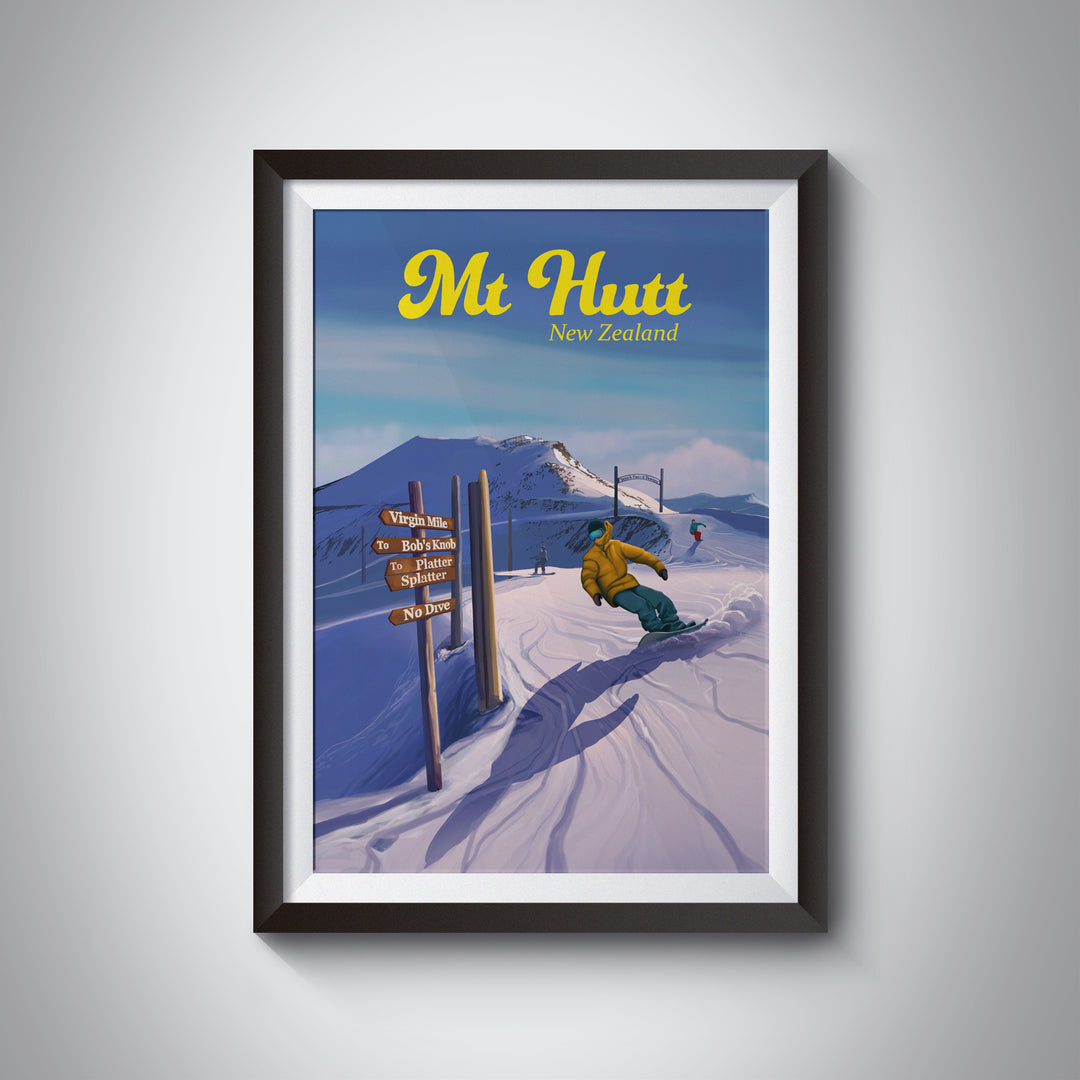 Mt Hutt New Zealand Snowboarding Travel Poster