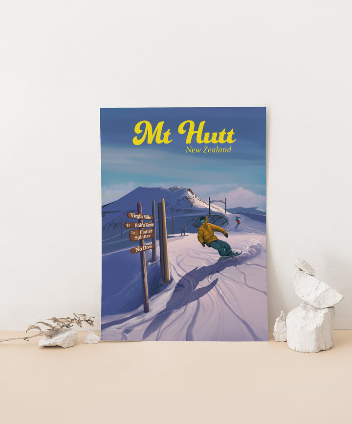 Mt Hutt New Zealand Snowboarding Travel Poster