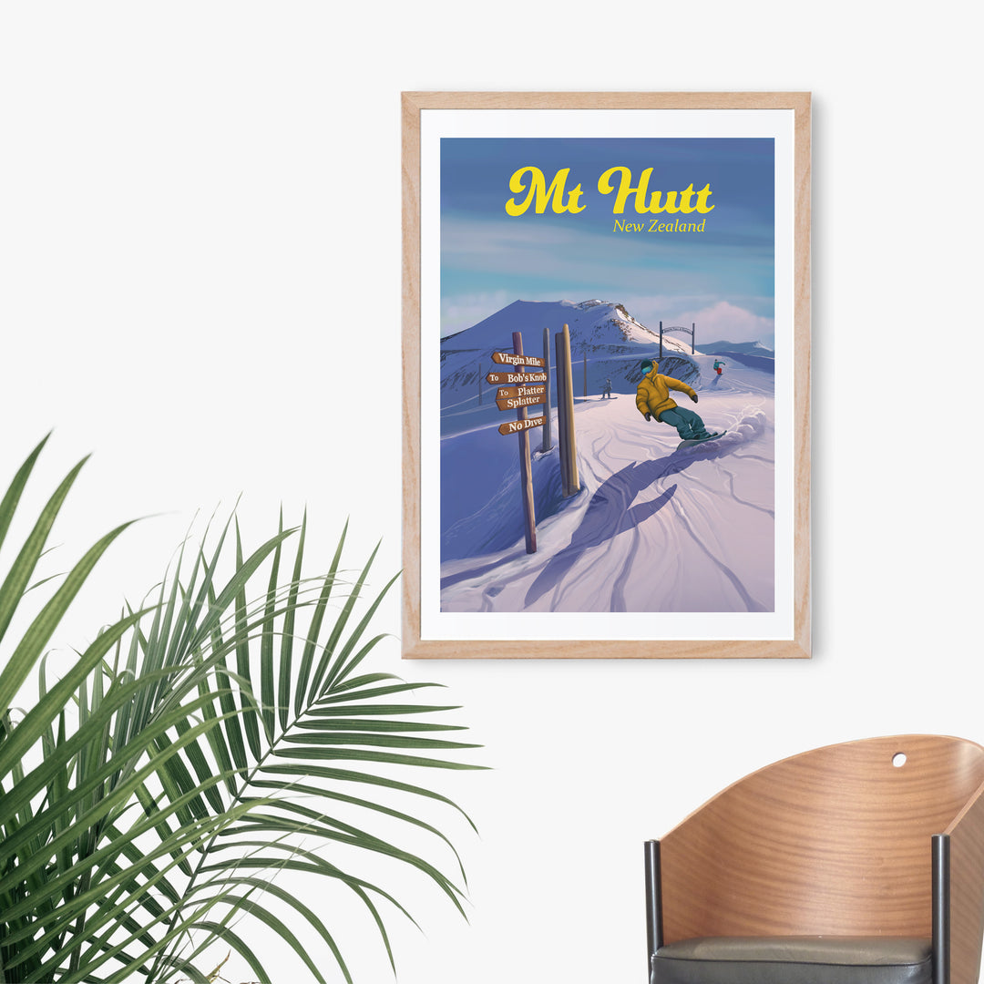 Mt Hutt New Zealand Snowboarding Travel Poster