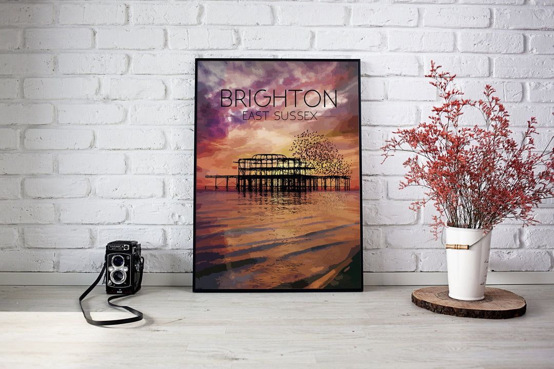 Brighton Beach West Pier Sunset Travel Poster