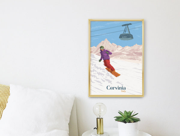 Cervinia Italy Snowboarding Travel Poster