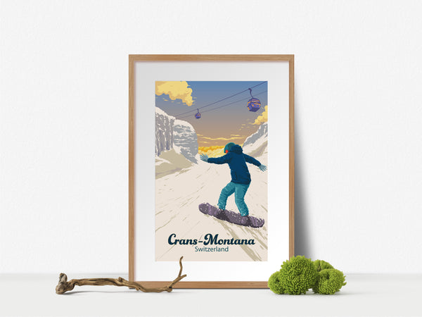 Crans Montana Switzerland Snowboarding Travel Poster