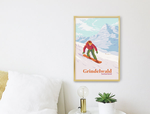 Grindelwald Switzerland Snowboarding Travel Poster