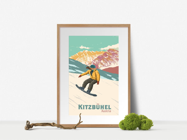 Kitzbuhel Austria Snowboarding Travel Poster