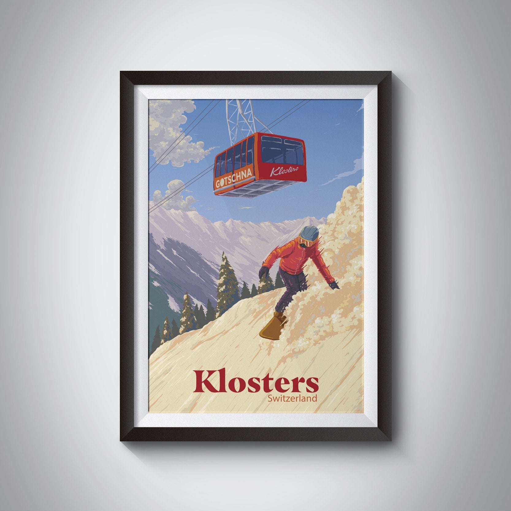 Klosters Switzerland Snowboarding Travel Poster