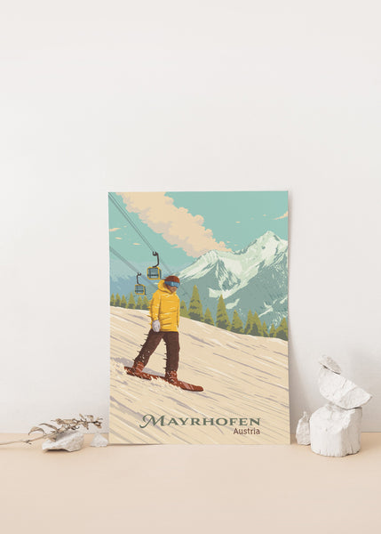 Mayrhofen Austria Snowboarding Travel Poster