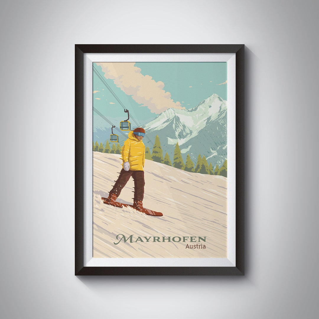 Mayrhofen Austria Snowboarding Travel Poster