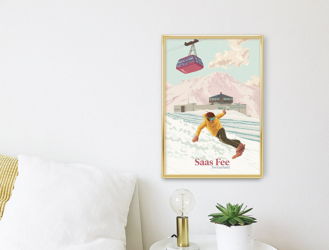 Saas Fee Switzerland Snowboarding Travel Poster