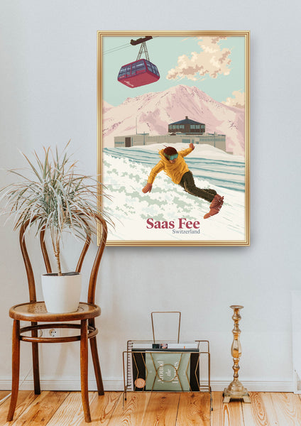Saas Fee Switzerland Snowboarding Travel Poster
