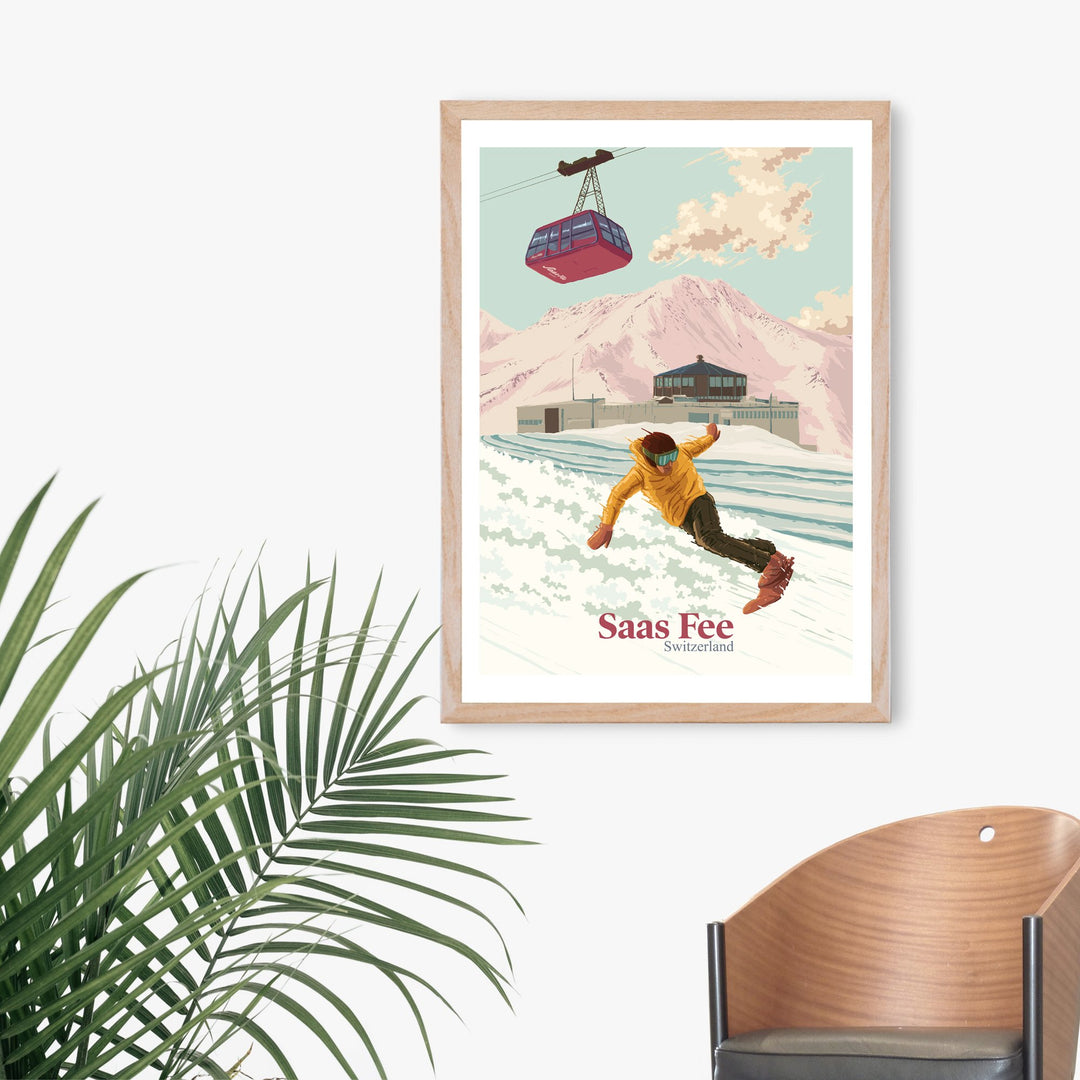 Saas Fee Switzerland Snowboarding Travel Poster