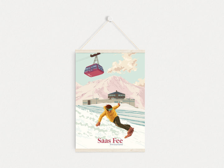 Saas Fee Switzerland Snowboarding Travel Poster