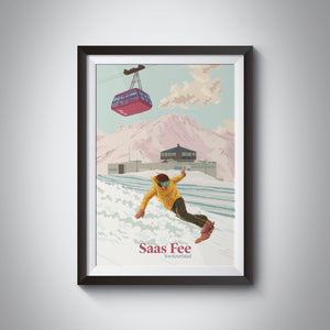 Saas Fee Switzerland Snowboarding Travel Poster