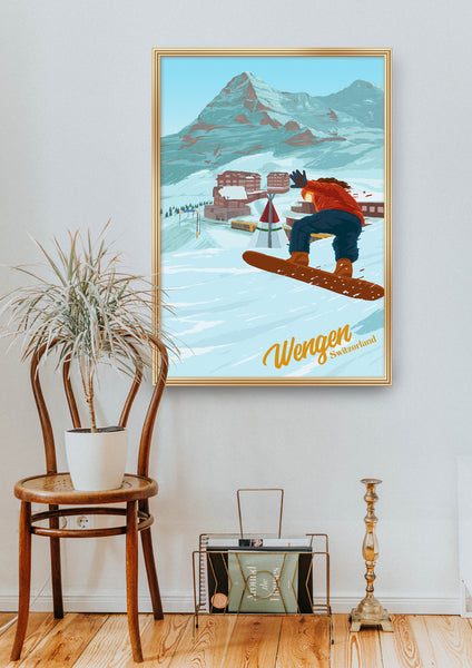 Wengen Snowboarding Travel Poster