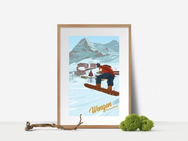 Wengen Snowboarding Travel Poster