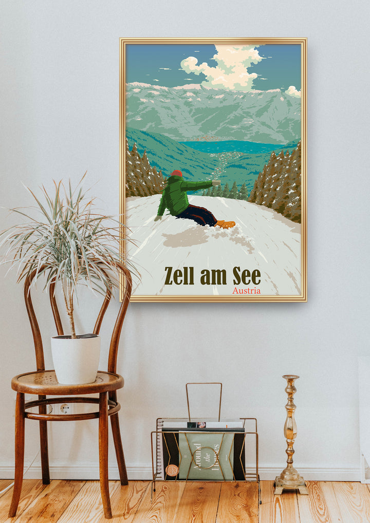 Zell am See Austria Snowboarding Travel Poster