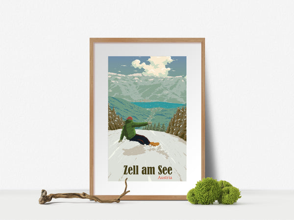 Zell am See Austria Snowboarding Travel Poster