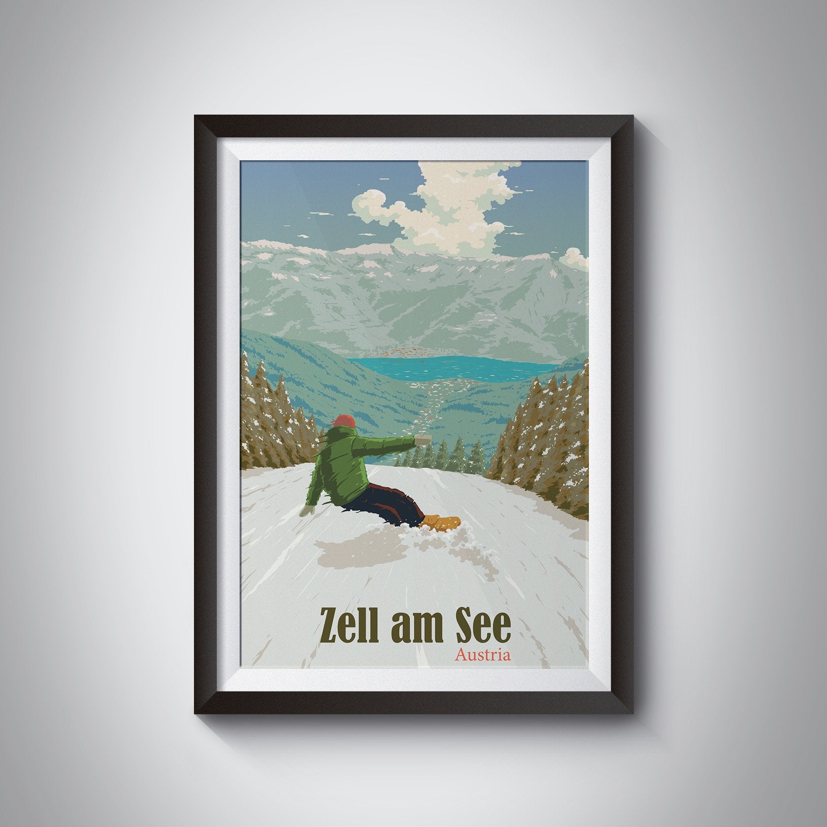 Zell am See Austria Snowboarding Travel Poster